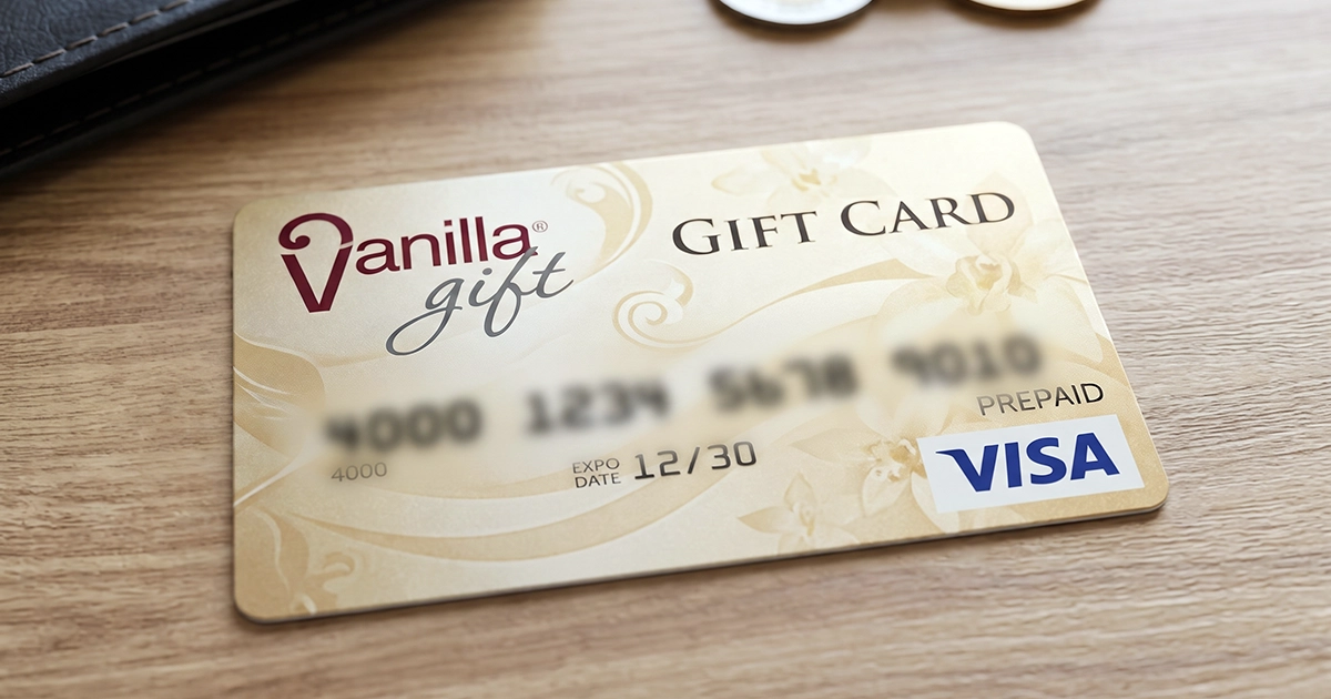 Vanilla Visa prepaid gift card on a wooden table
