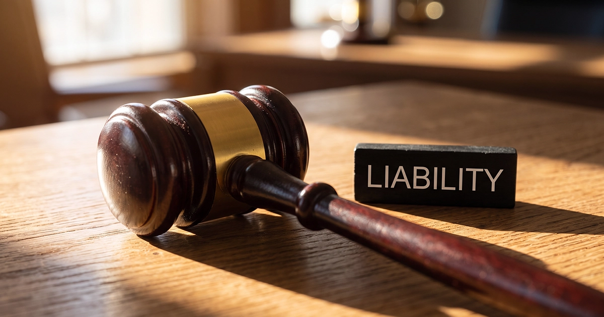 Wooden judge’s gavel on a table beside a black block printed with the word LIABILITY