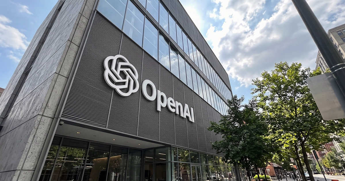 The OpenAI logo on the facade of an OpenAI office building, illustrating the ChatGPT children’s data class action against OpenAI