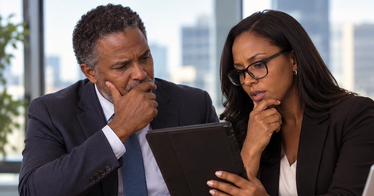 Two concerned office workers reviewing a tablet, illustrating the AML/BSA whistleblower program