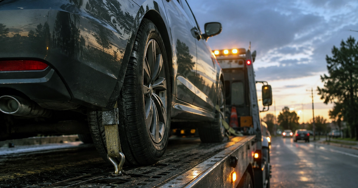 Car strapped to the bed of a flatbed tow truck at dusk